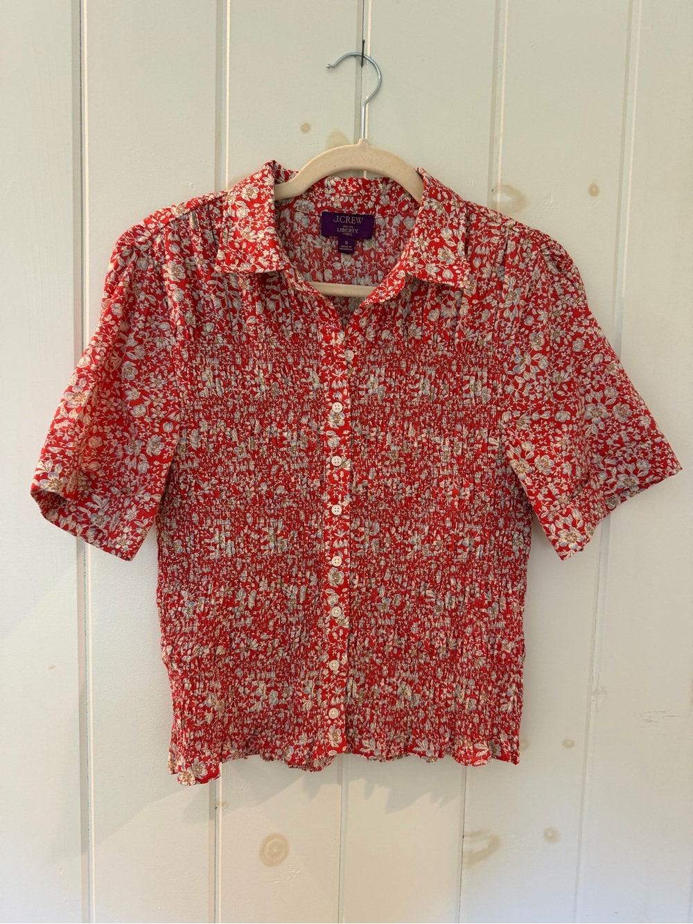 J. Crew Red and White Floral Button-Front Short Sleeve Shirt